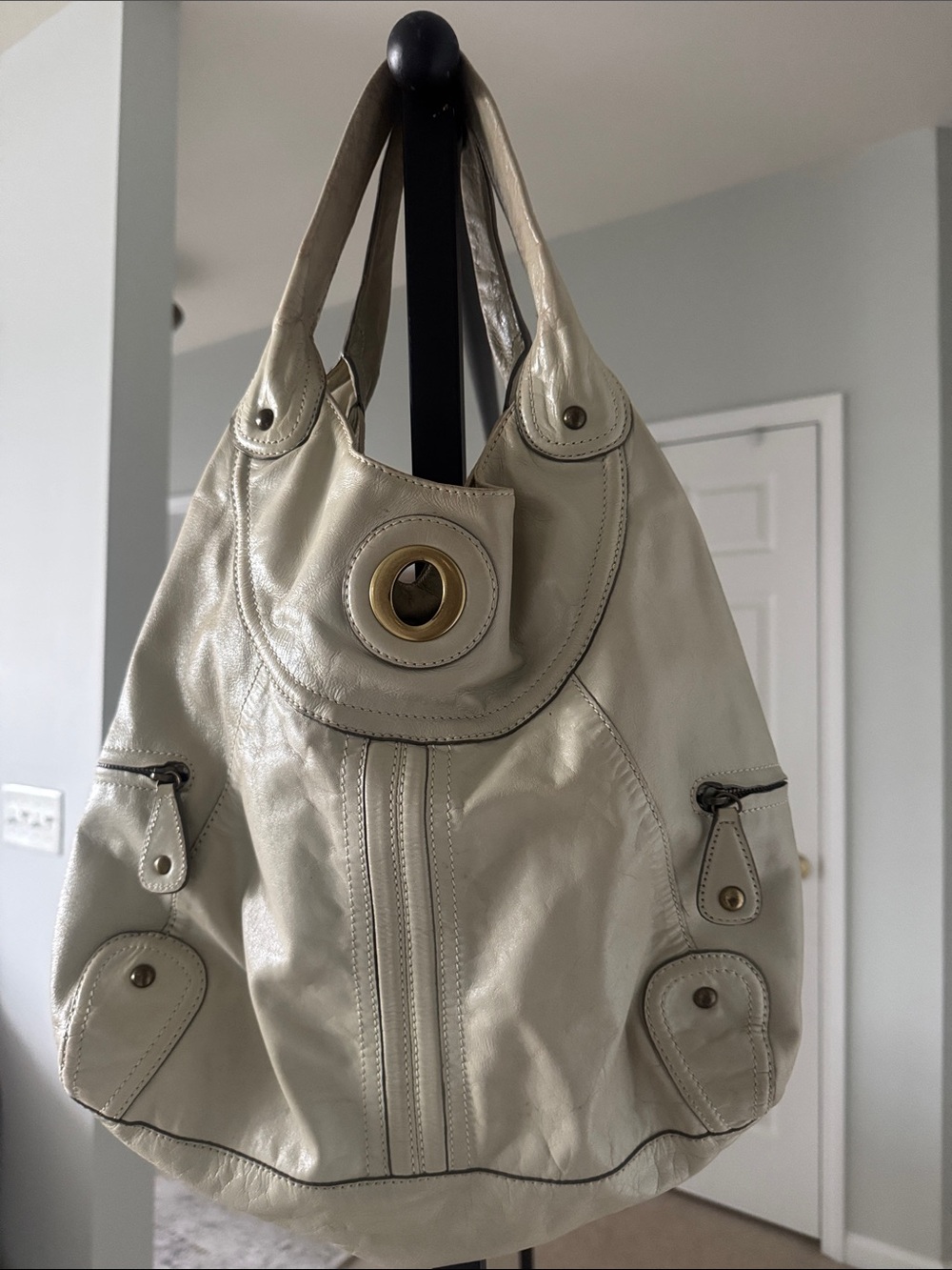 Tracy Reese Ivory Leather Shoulder Bag with Gold Ring Detail